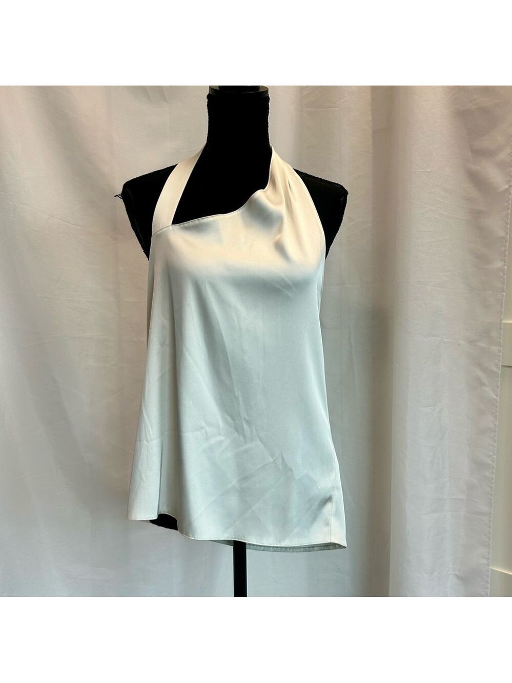 Zara Ivory White Satin Effect asymmetrical draped neckline open back halter top